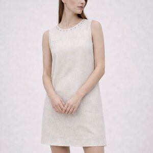 Cynthia Rowley White Linen Blend Sheath Mini Dress Silver Studded Neck | Size 2